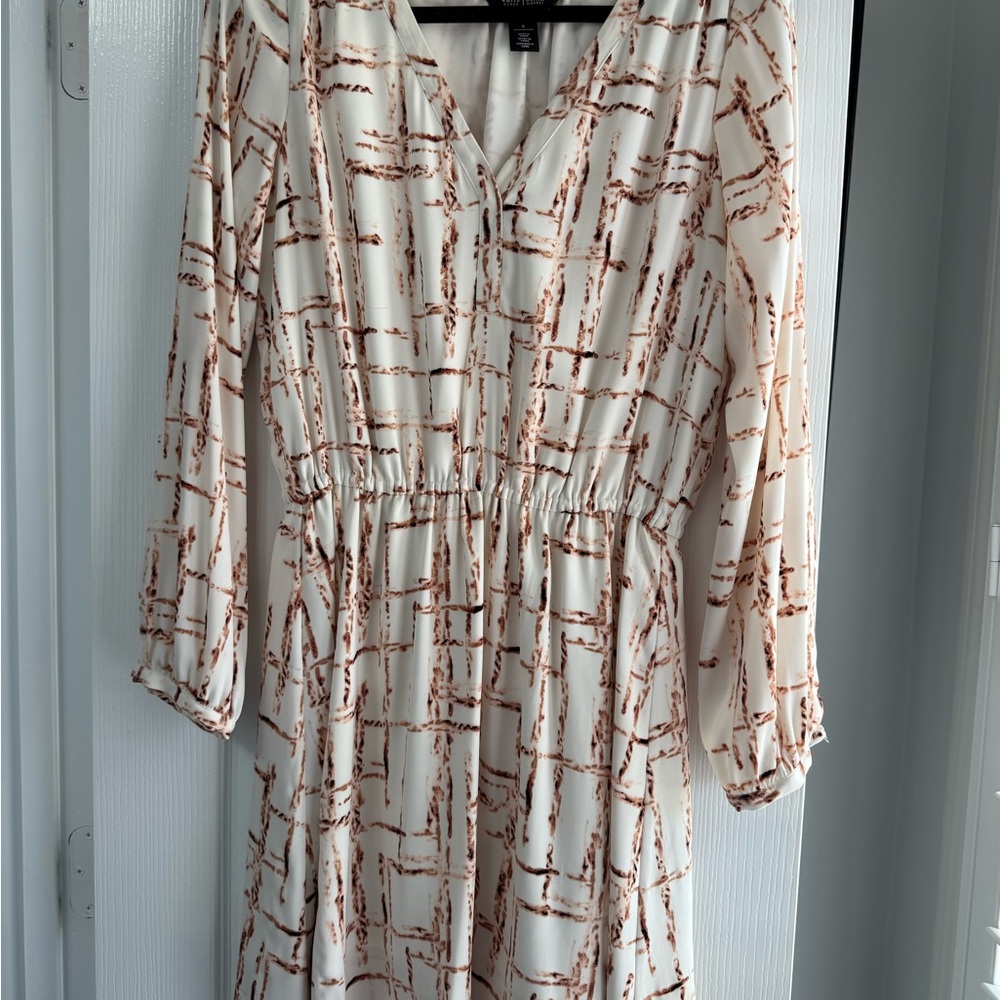 White House Black Market Cream and Brown Bishop Sleeve Sundress